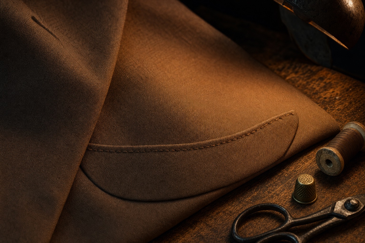 Macro detail of a curved boat-shaped breast pocket on a brown tailored jacket, its rising crescent hand-stitched, lit warmly from one side.