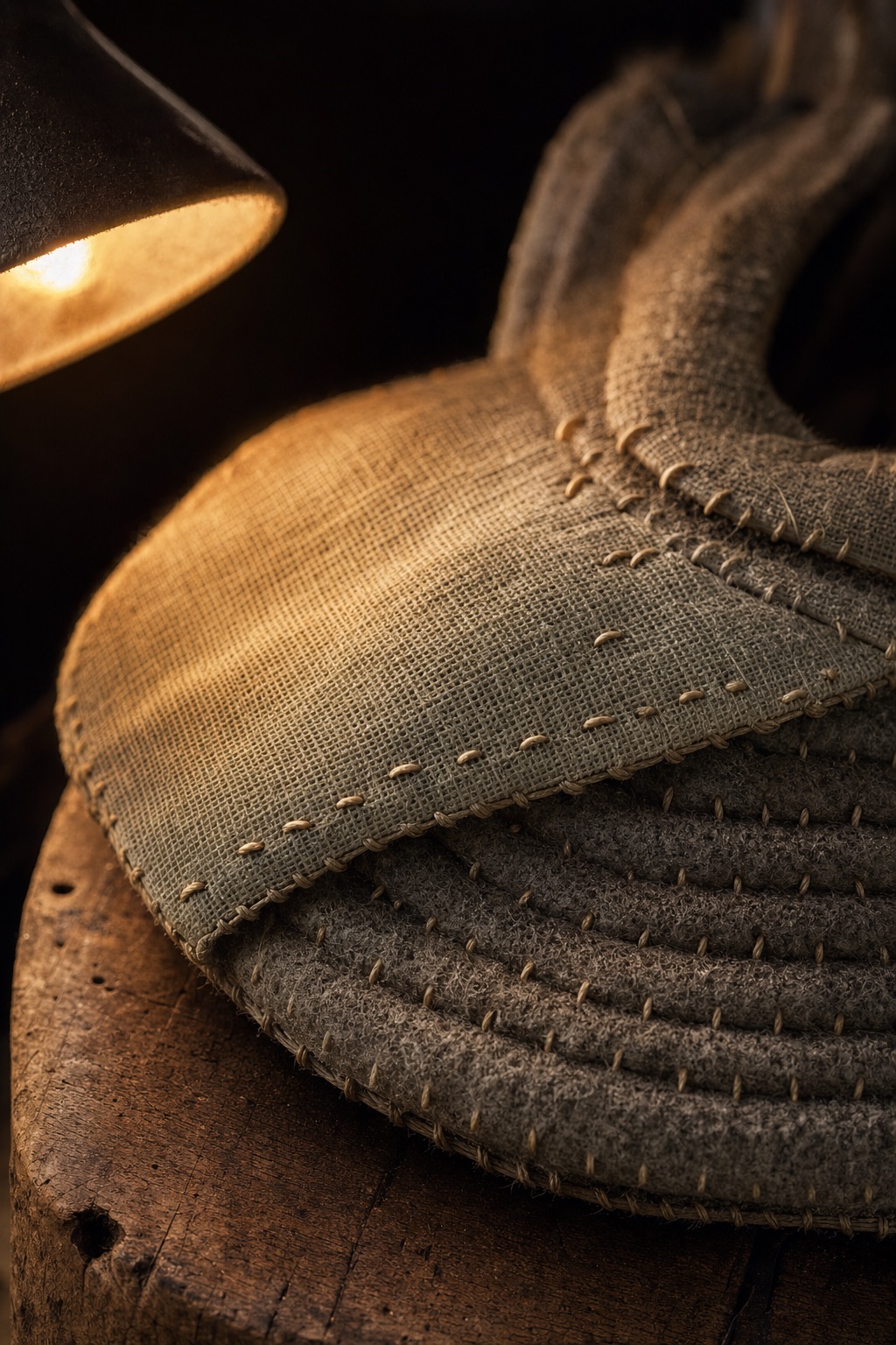 Macro view of layered horsehair canvas and a woollen chest piece pad-stitched together with rows of small hand stitches.