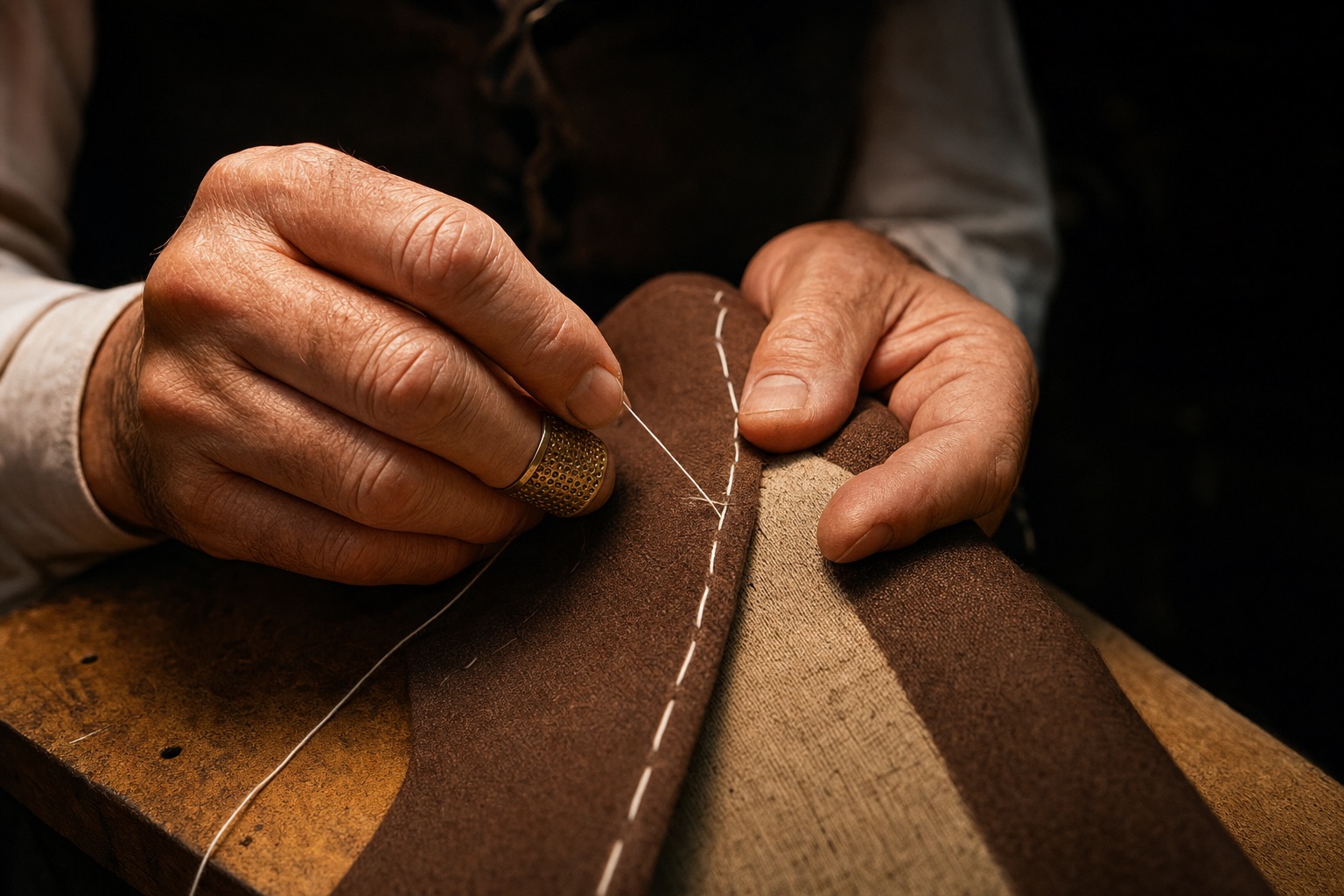 An Italian tailor's hands drawing a needle and white basting thread through jacket cloth and its canvas interlining, a thimble on the middle finger.
