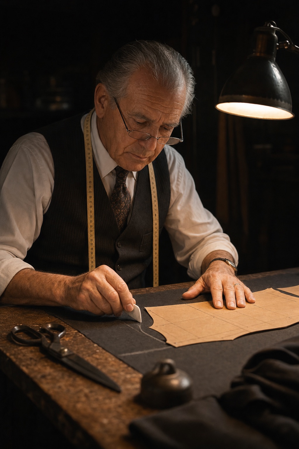 An older Italian master tailor at his wooden board, chalk in hand, marking a pattern on cloth, his face lit warmly by a single work lamp.