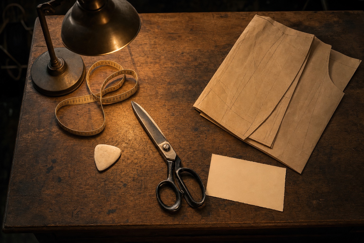 A tailor's worktable from above: tape measure, chalk, long steel shears, a folded paper pattern and a blank order slip, lit by a warm lamp.