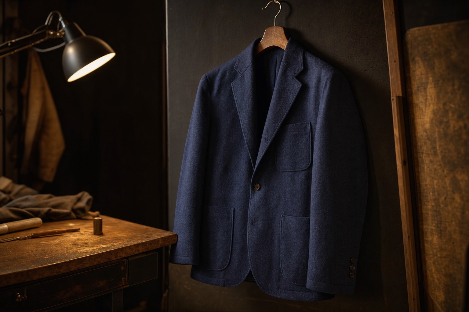 No. 336 — Indigo flannel · mezza fodera, a finished soft-shouldered jacket lit warmly against a dark ground.