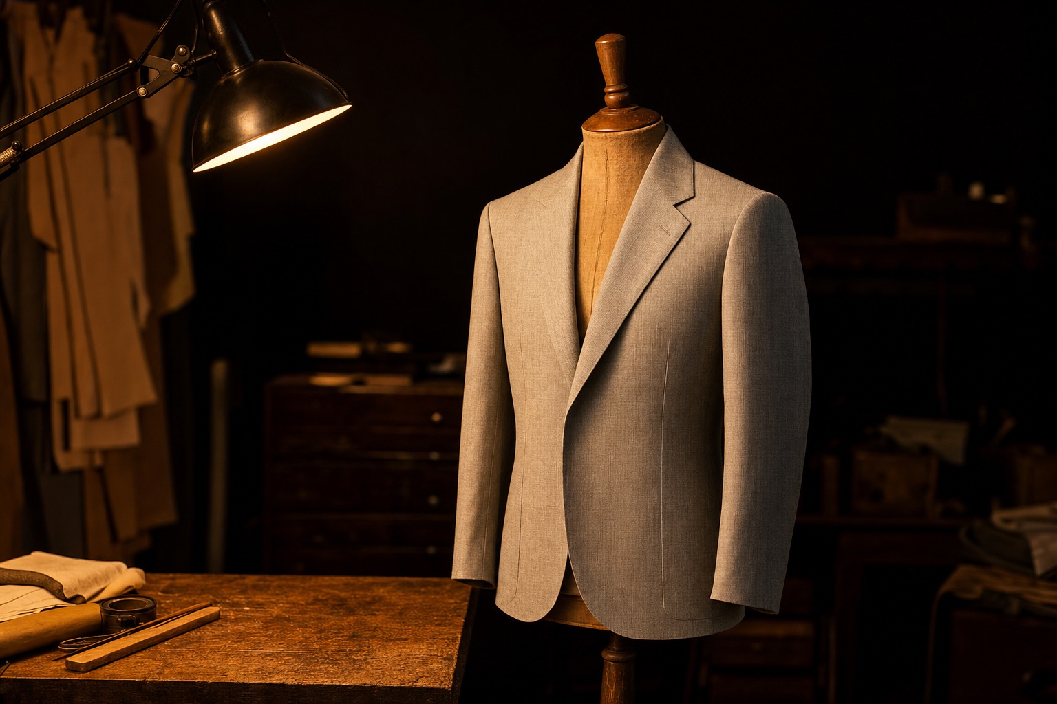 No. 329 — Pale grey tropical · sfoderata, a finished soft-shouldered jacket lit warmly against a dark ground.