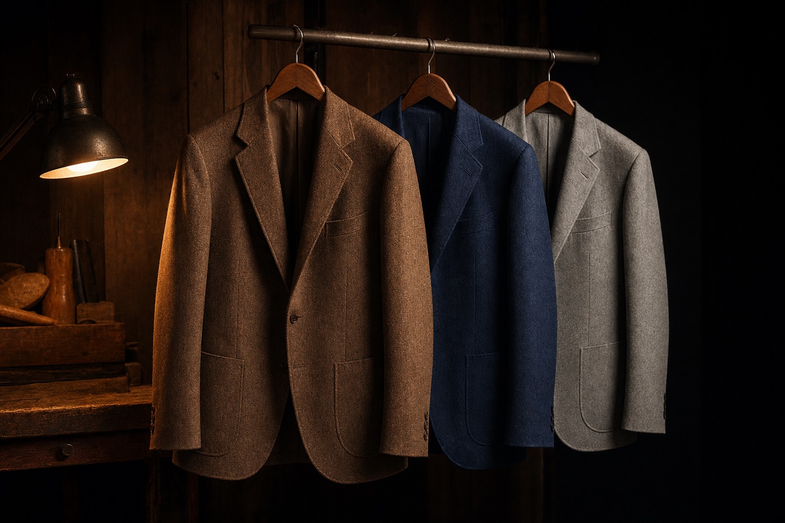No. 341 — Tobacco hopsack · sfoderata, a finished soft-shouldered jacket lit warmly against a dark ground.