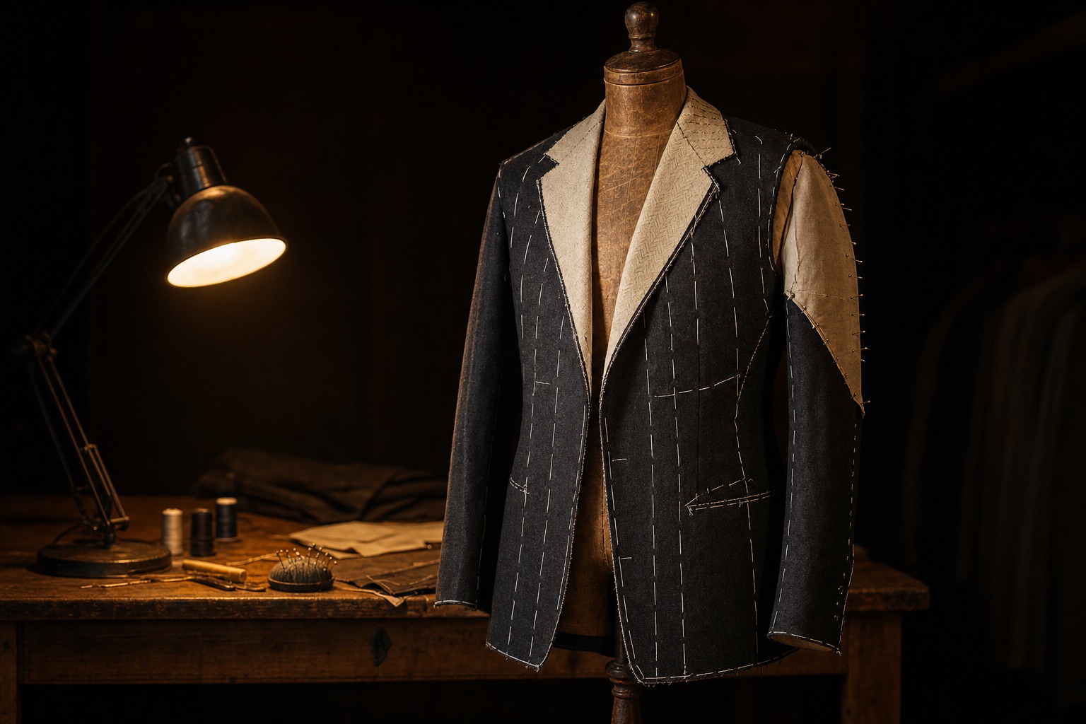 A basted-together jacket on a wooden dress form, held with long white basting stitches, raw edges and pale canvas showing at the lapel and shoulder.